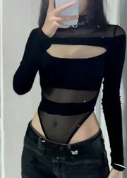 Classy Black Hollow Out Solid Tulle Bodysuit
