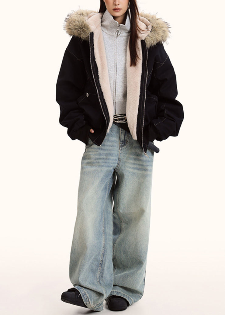 Classy Black Hooded Patchwork Warm Fleece Jacket Winter