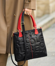 Classy Black Letter Embossed Calf Leather Tote Bag