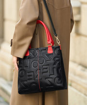 Classy Black Letter Embossed Calf Leather Tote Bag