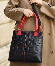 Classy Black Letter Embossed Calf Leather Tote Bag