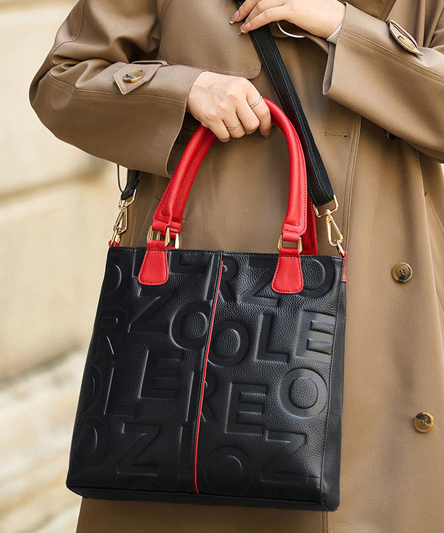Classy Black Letter Embossed Calf Leather Tote Bag