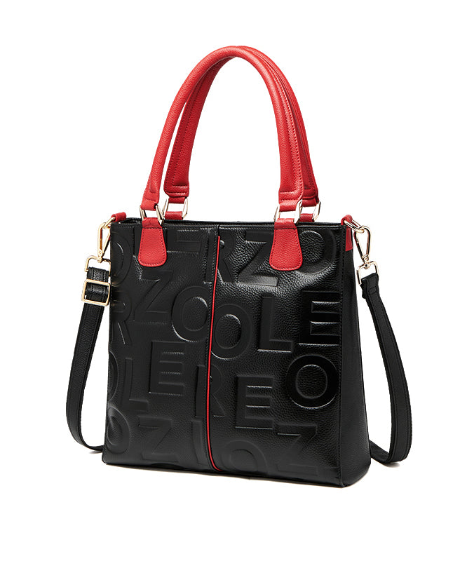 Classy Black Letter Embossed Calf Leather Tote Bag