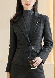 Classy Black Notched Pockets Patchwork Coats Fall