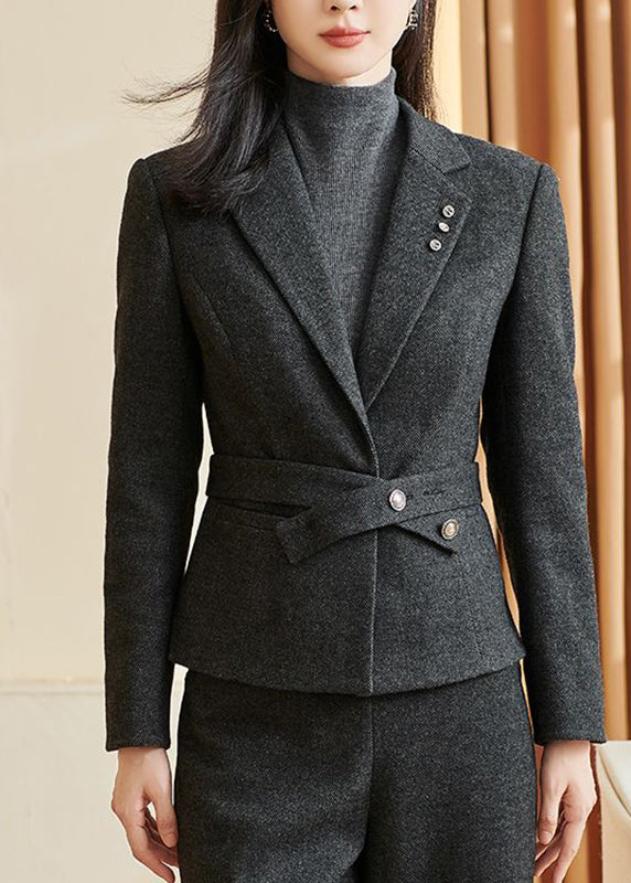 Classy Black Notched Pockets Patchwork Coats Fall