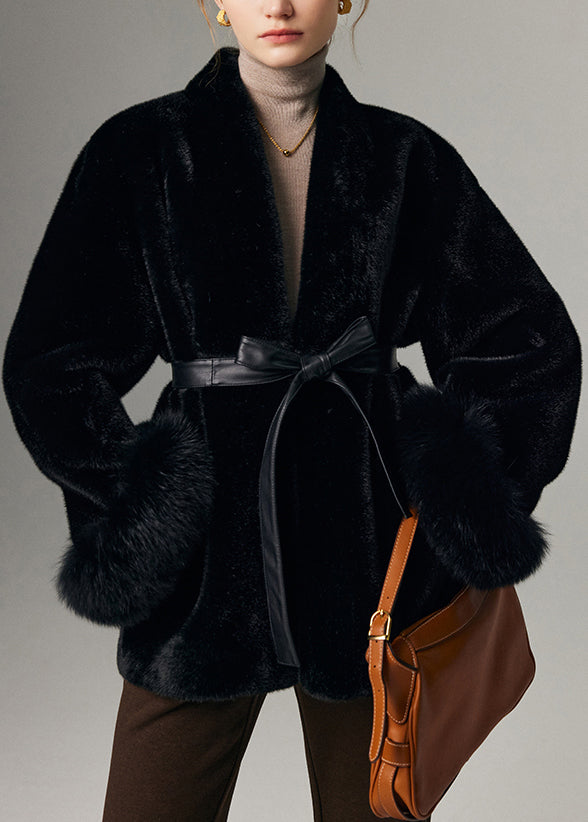 Classy Black Notched Pockets Tie Waist Fox Leather And Fur Coat Winter