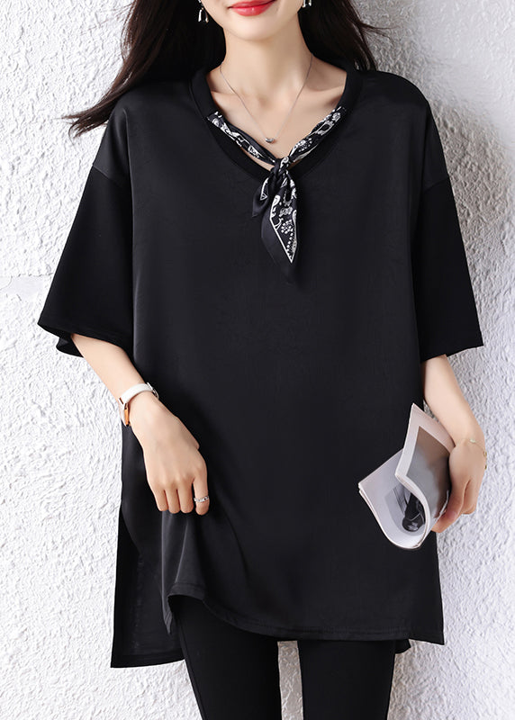 Classy Black Oversized Drawstring Scarf Cotton Long Tops Half Sleeve