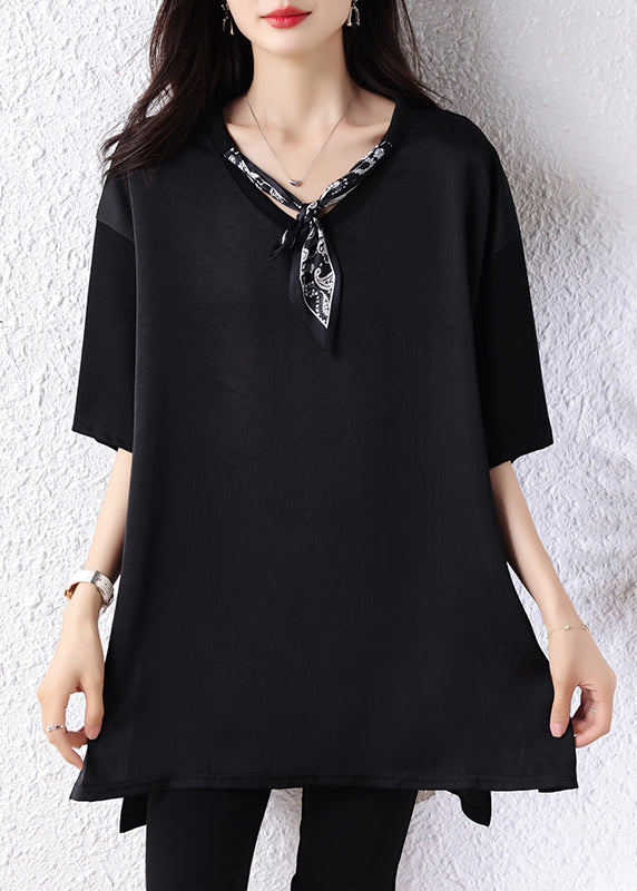 Classy Black Oversized Drawstring Scarf Cotton Long Tops Half Sleeve
