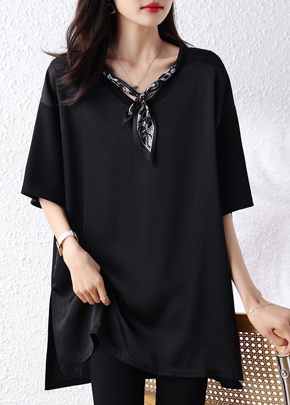 Classy Black Oversized Drawstring Scarf Cotton Long Tops Half Sleeve