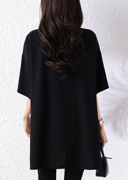 Classy Black Oversized Drawstring Scarf Cotton Long Tops Half Sleeve