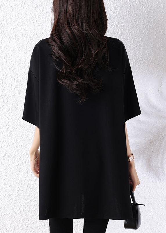 Classy Black Oversized Drawstring Scarf Cotton Long Tops Half Sleeve