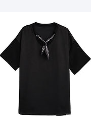 Classy Black Oversized Drawstring Scarf Cotton Long Tops Half Sleeve
