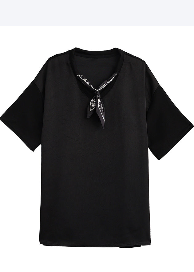 Classy Black Oversized Drawstring Scarf Cotton Long Tops Half Sleeve