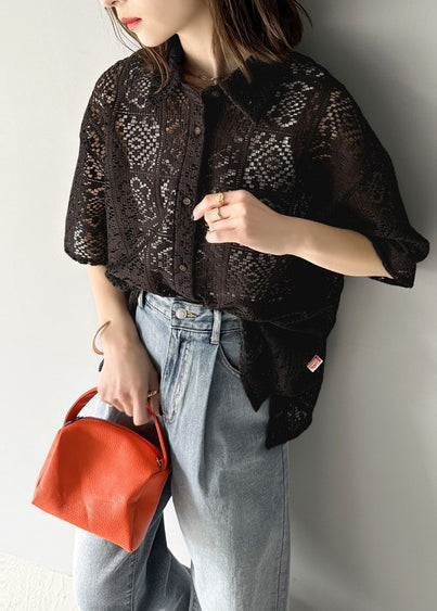Classy Black Oversized Hollow Out Lace Shirts Summer