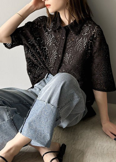 Classy Black Oversized Hollow Out Lace Shirts Summer