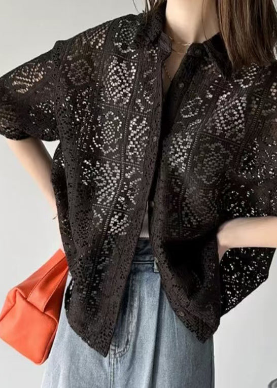 Classy Black Oversized Hollow Out Lace Shirts Summer