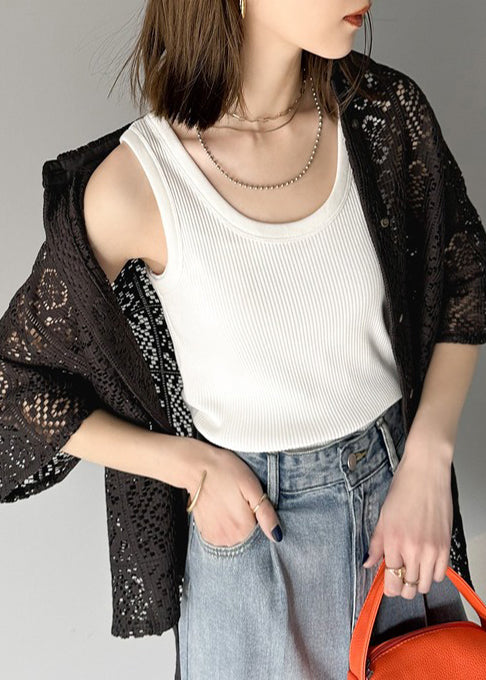 Classy Black Oversized Hollow Out Lace Shirts Summer