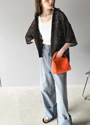 Classy Black Oversized Hollow Out Lace Shirts Summer