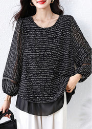 Classy Black Oversized Print Chiffon Fake Two Piece Shirts Fall