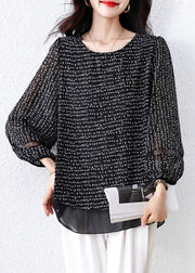 Classy Black Oversized Print Chiffon Fake Two Piece Shirts Fall