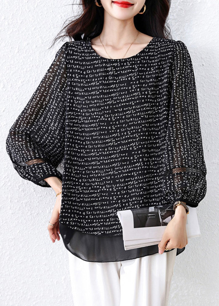 Classy Black Oversized Print Chiffon Fake Two Piece Shirts Fall