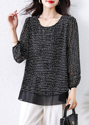 Classy Black Oversized Print Chiffon Fake Two Piece Shirts Fall