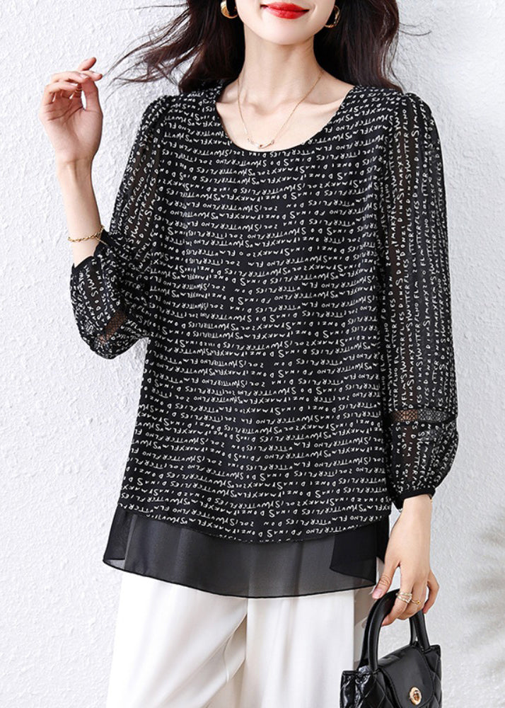 Classy Black Oversized Print Chiffon Fake Two Piece Shirts Fall