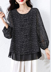 Classy Black Oversized Print Chiffon Fake Two Piece Shirts Fall