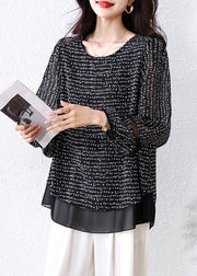 Classy Black Oversized Print Chiffon Fake Two Piece Shirts Fall