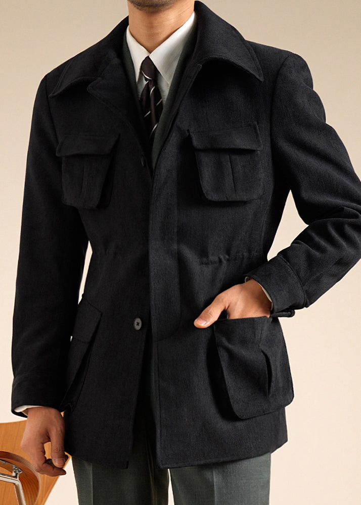 Classy Black Peter Pan Collar Drawstring Pockets Chenille Men Coat Winter