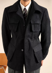 Classy Black Peter Pan Collar Drawstring Pockets Chenille Men Coat Winter