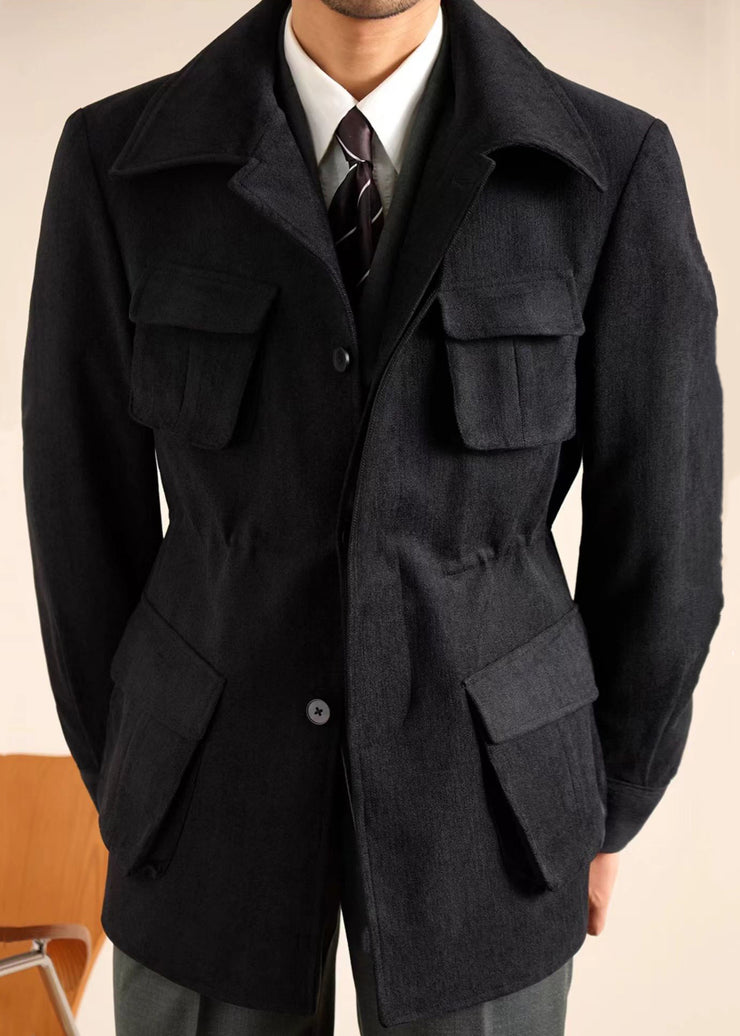 Classy Black Peter Pan Collar Drawstring Pockets Chenille Men Coat Winter