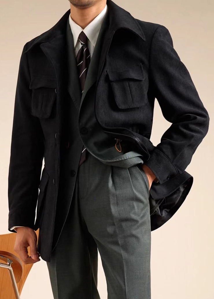 Classy Black Peter Pan Collar Drawstring Pockets Chenille Men Coat Winter