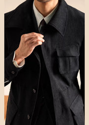 Classy Black Peter Pan Collar Drawstring Pockets Chenille Men Coat Winter