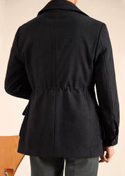 Classy Black Peter Pan Collar Drawstring Pockets Chenille Men Coat Winter