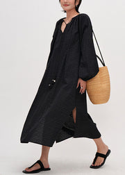 Classy Black Print Side Open Cotton Holiday Dress Fall