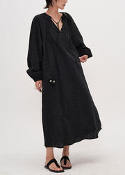Classy Black Print Side Open Cotton Holiday Dress Fall