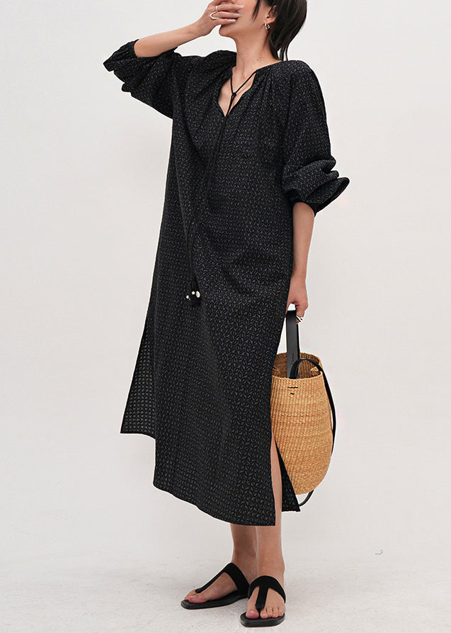 Classy Black Print Side Open Cotton Holiday Dress Fall