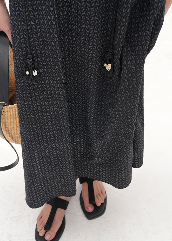 Classy Black Print Side Open Cotton Holiday Dress Fall