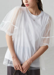 Classy Black Puff Sleeve Patchwork Tulle Tank Tops
