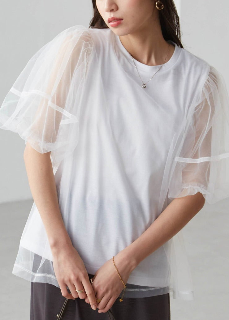 Classy Black Puff Sleeve Patchwork Tulle Tank Tops