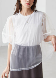 Classy Black Puff Sleeve Patchwork Tulle Tank Tops