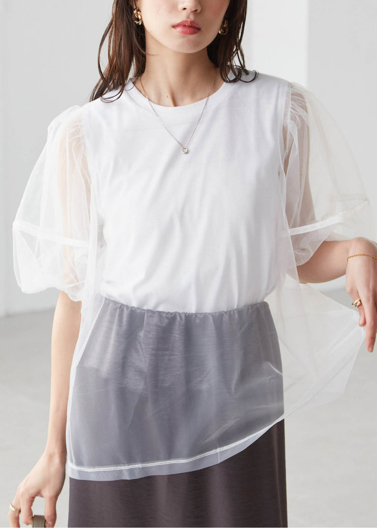 Classy Black Puff Sleeve Patchwork Tulle Tank Tops