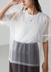 Classy Black Puff Sleeve Patchwork Tulle Tank Tops