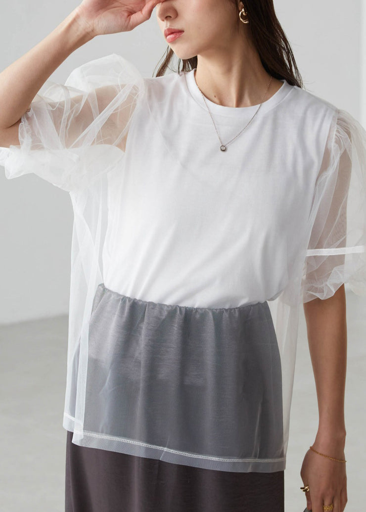 Classy Black Puff Sleeve Patchwork Tulle Tank Tops