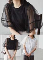 Classy Black Puff Sleeve Patchwork Tulle Tank Tops
