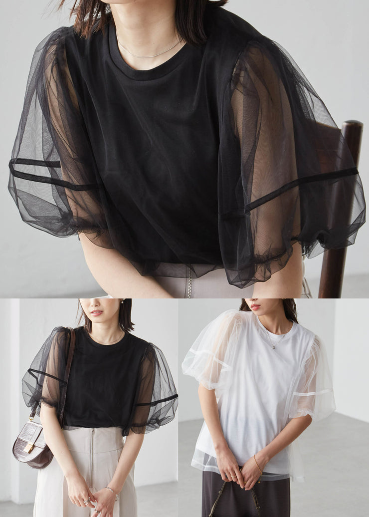 Classy Black Puff Sleeve Patchwork Tulle Tank Tops