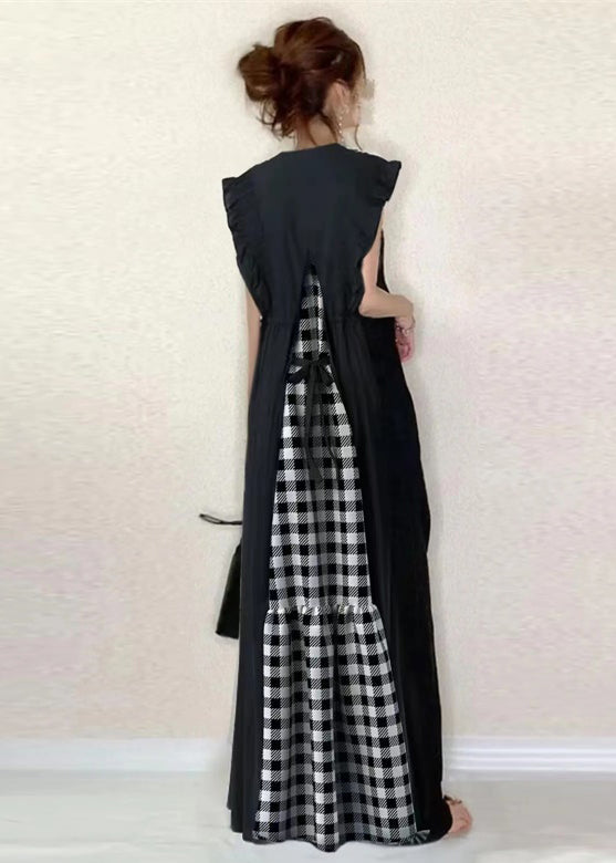 Classy Black Ruffled Patchwork Cotton Tunic Dress Sleeveless