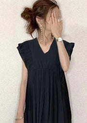 Classy Black Ruffled Patchwork Cotton Tunic Dress Sleeveless