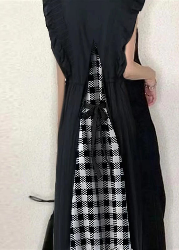Classy Black Ruffled Patchwork Cotton Tunic Dress Sleeveless